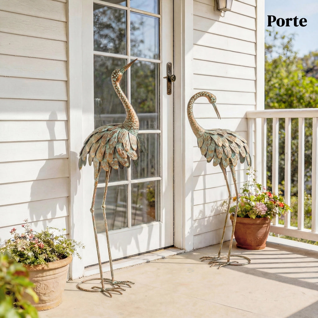 Set 2 Statue da Giardino Aironi in Metallo 91/95cm, Sculture Decorative da Esterno per Terrazza e Prato, Oro e Blu