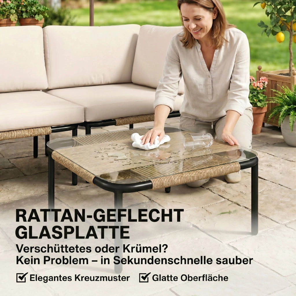 Set Divano da Giardino Polyrattan 5 Pezzi ¨C Zephmum ¨C Grigio con Tavolino Vetro e Cuscini