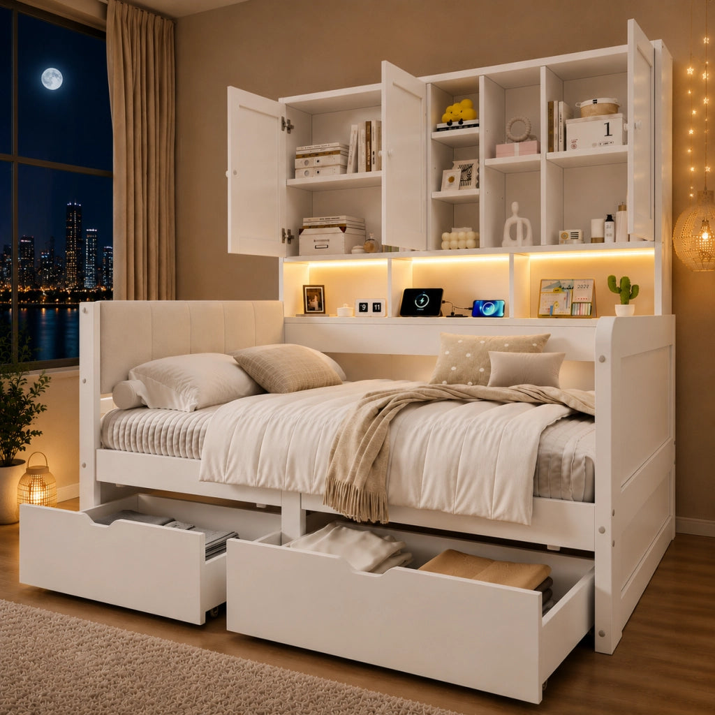 Letto singolo 90x200 con contenitore, LED, USB/USB-C e scaffali laterali in MDF bianco