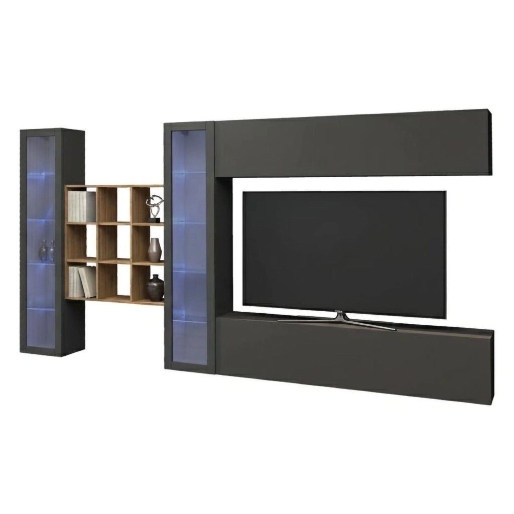 Mobile Soggiorno Avella, Parete Attrezzata 20 Ripiani Made in Italy, 350x30x180h cm Nero Antracite