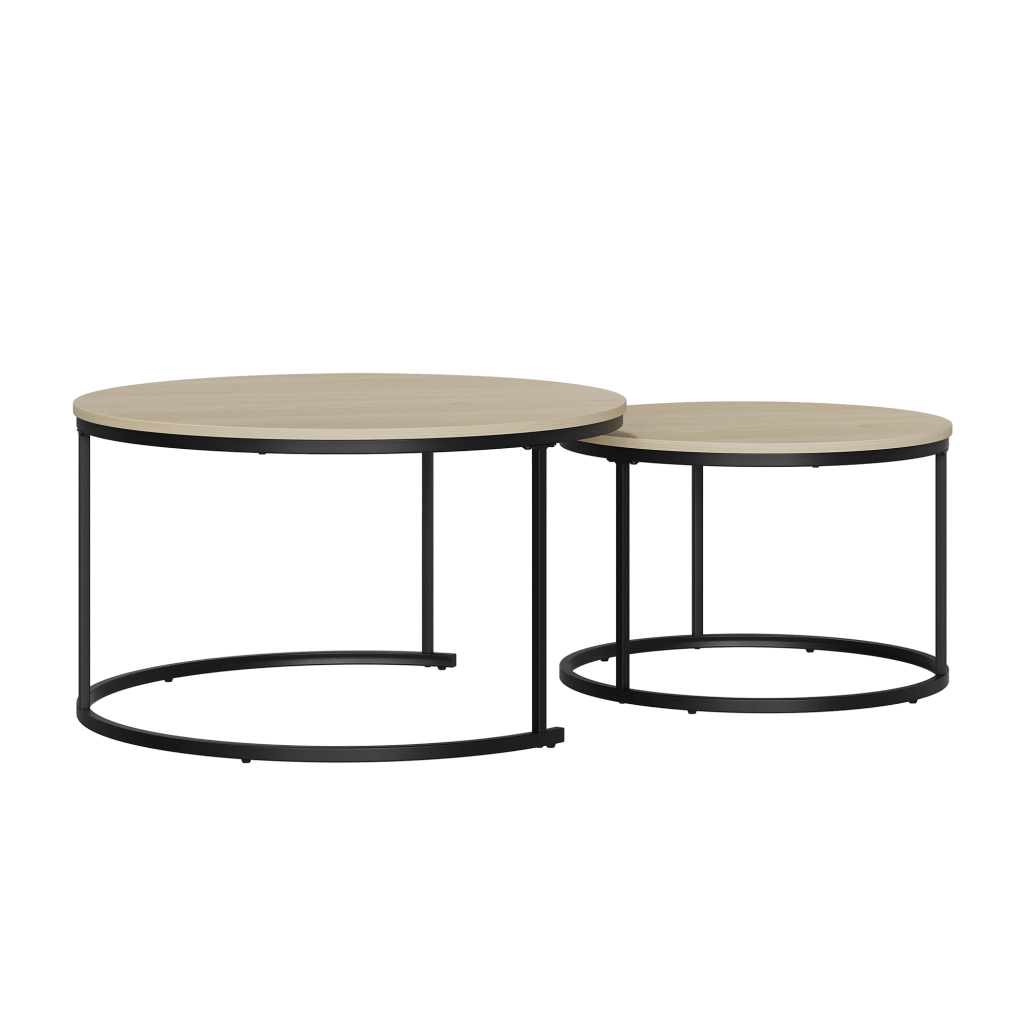 Set di tavolini da caffè impilabili con 2 tavoli rotondi e piedini regolabili; in metallo e pannello truciolare; rovere