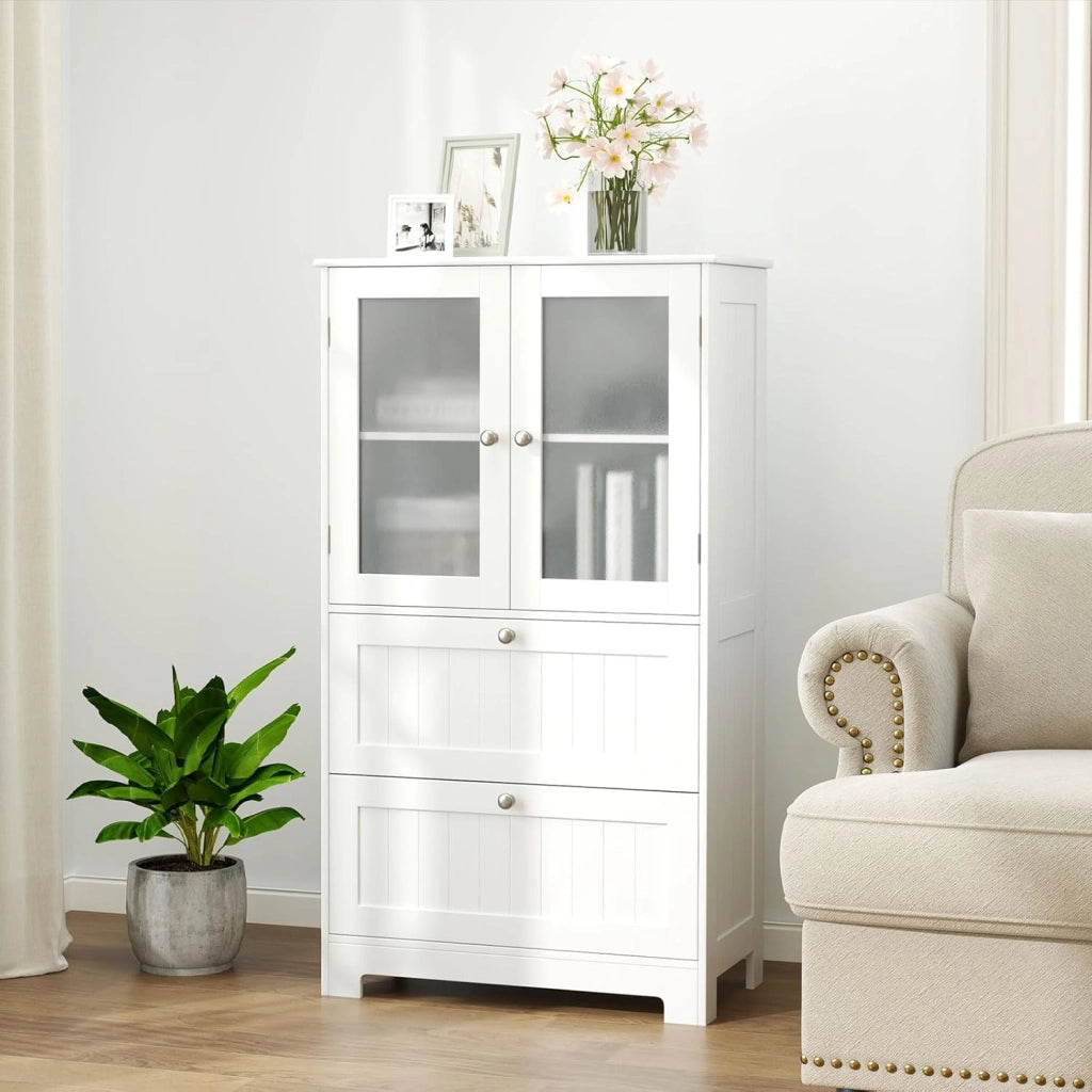 Armadietto da bagno con ante in vetro e ripiano regolabile, per bagno, cucina e soggiorno, 60 x 30 x 108 cm (2 cassetti + 1 armadio, bianco)