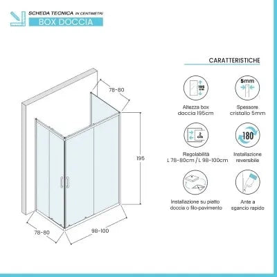 Box doccia 3 lati 80x100x80 cm doppio scorrevole trasparente  Tay