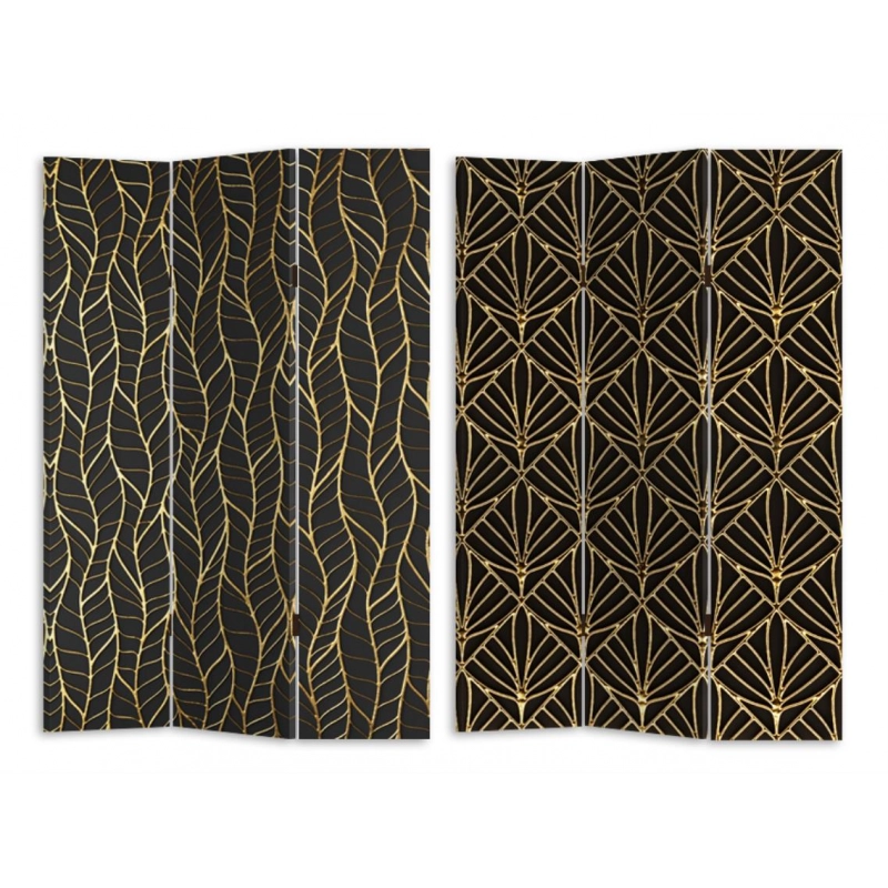 Paravento stampa 3 ante nero decori oro cm 120,6x2,5h180