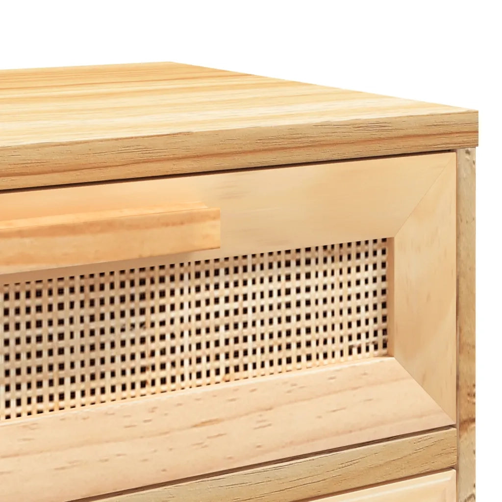 Comodino | Armadio da Notte | Mobiletto da notte Marrone in Legno Massello di Pino e Rattan Naturale