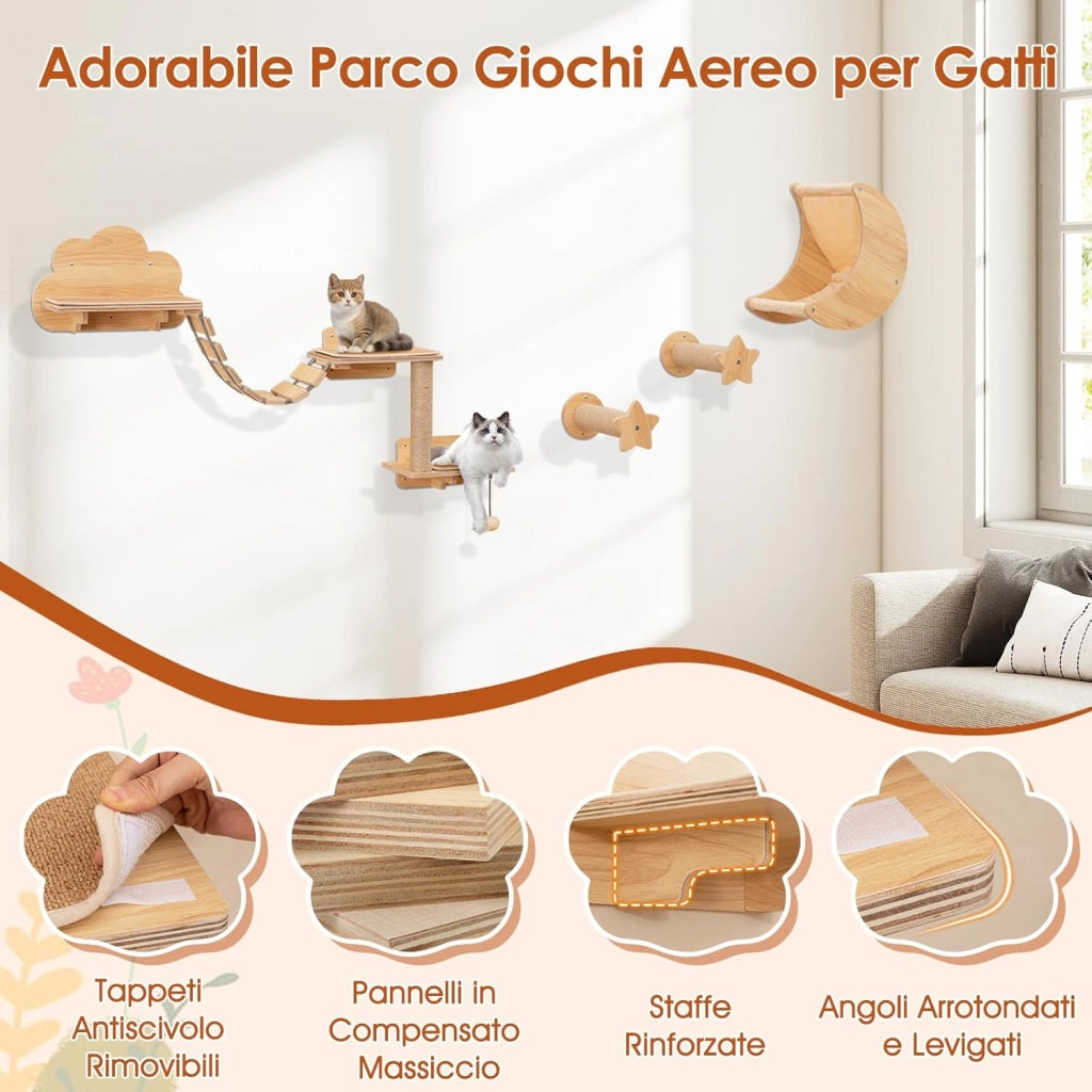 Mobili da Parete per Gatti da 6 Pezzi, Mensole per Gatti a Muro con Amaca, Ponte, Albero a 2 Livelli, Piattaforme, Gradini, Tiragraffi e Gioco Pensile, Arrampicatore da Interno (Modello 3)