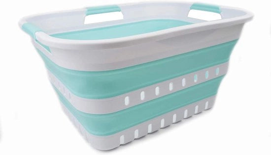 Wastebasket portatile 3 manici - organizzatore di asciugamani pieghevole - secchio da bagno trasportabile - contenitore spazievitore - bianco/azzurro mare - 30 litri - pieghevole - ripiegabile secchio da bagno