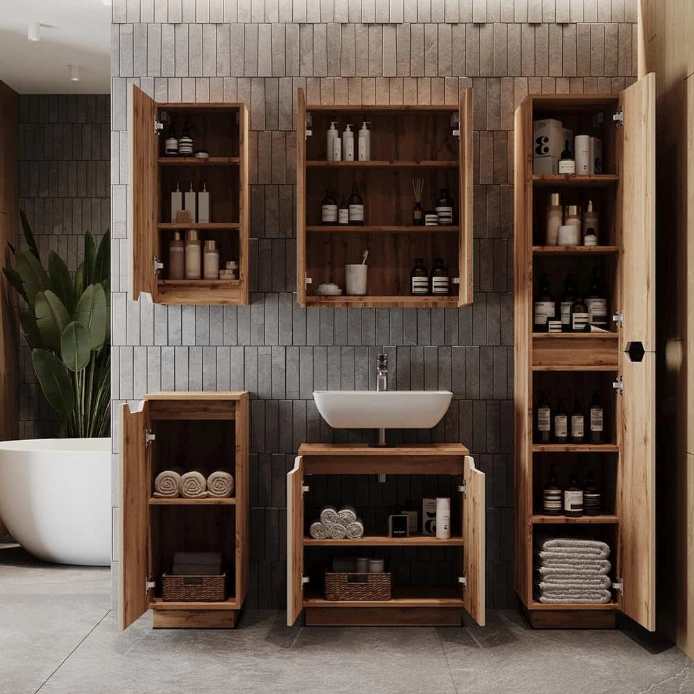 Set di mobili da bagno Lotta, Rovere/cashmere a righe, 2 parti