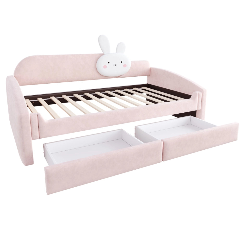 Letto imbottito 90x200 cm con LED e cassetti in velluto rosa