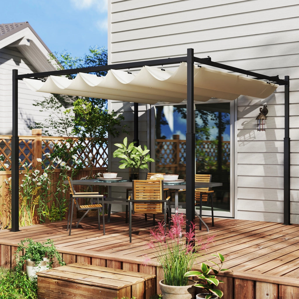 Gazebo Pergola 3x3 m ¨C zephmum ¨C Tettuccio Retrattile, Poliestere, Bianco Crema