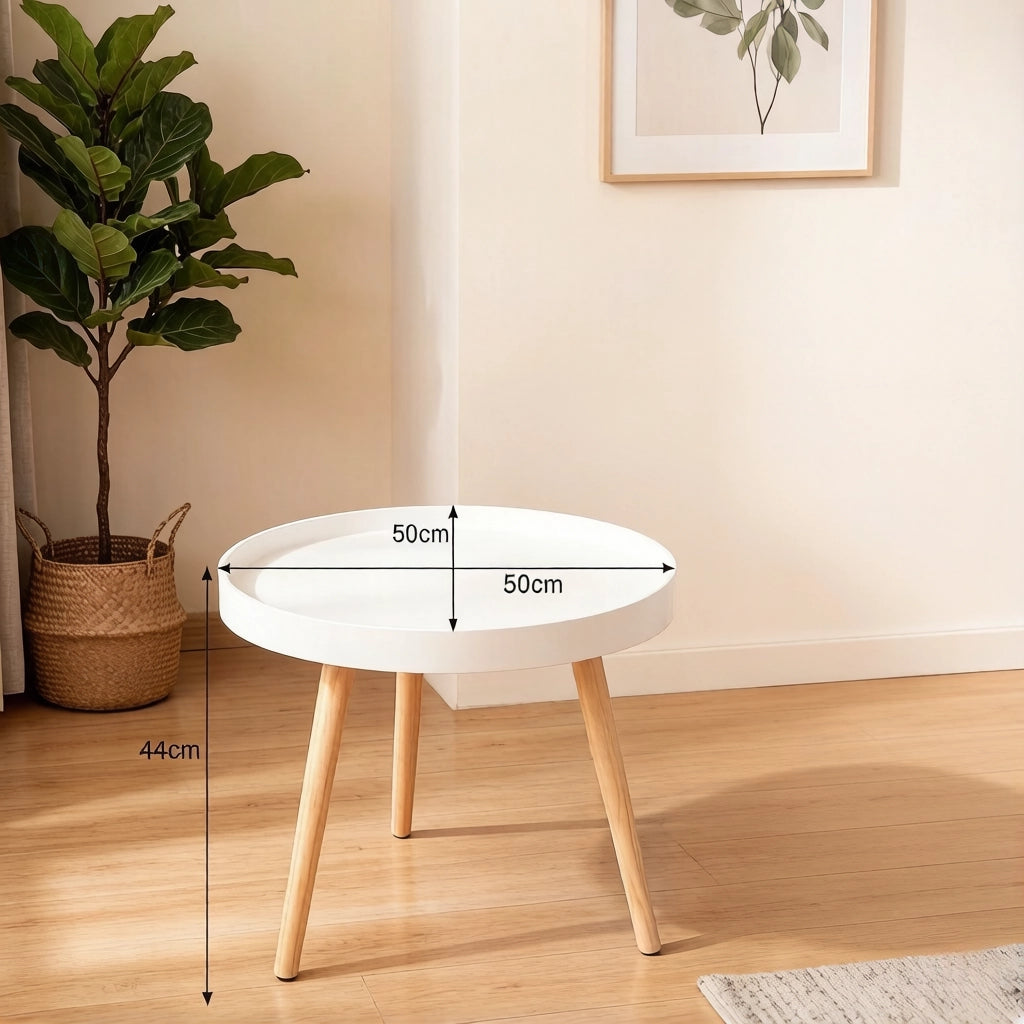 Tavolino basso rotondo con bordo rialzato e 3 gambe, stile semplice, in MDF e legno, bianco e rovere, Ø 50 × 44 cm