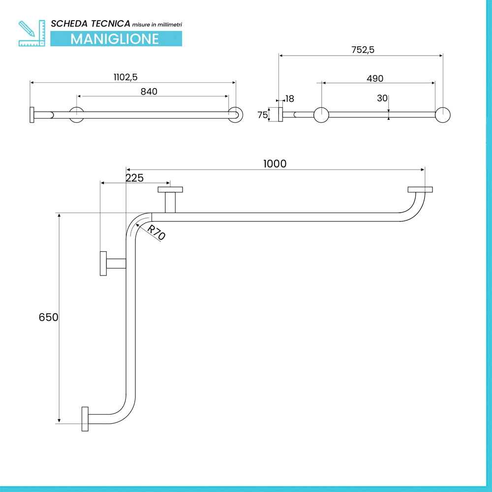 Maniglione di sicurezza ad angolo in acciaio 65x100 cm bianco