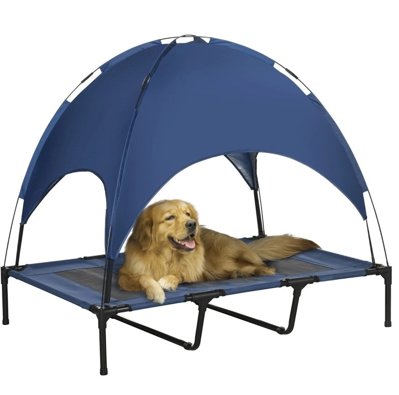 Lettino da esterno per cani 122 x 92 x 108 cm blu scuro， pieghevole con baldacchino