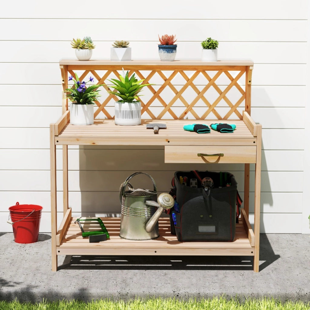 Tavolo da giardinaggio con traliccio e cassetto rimovibile, Panchina per vasi di fiori da interno ed esterno Naturale-Scaffali per piante