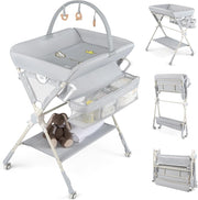 Fasciatoio Pieghevole per Bambini, Fasciatoio Portatile con Ruote, Altezza Regolabile, Piattaforma Rimovibile, con Barra Giocattoli, Stendino, Misuratore, Cestini, Portata 25 kg