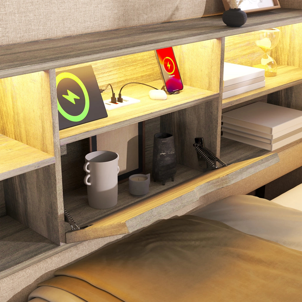 Letto singolo 90x200 cm con LED, contenitore idraulico, testiera L reversibile e porte USB, Beige