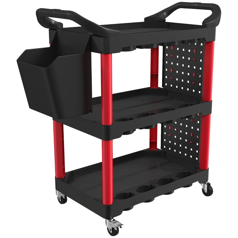 Carrello portautensili a 3 ripiani con pareti forate, ganci e contenitore, nero e rosso