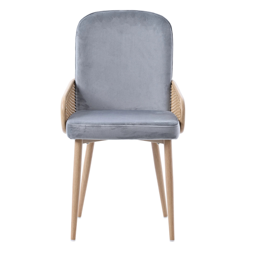 Set di 6 sedie da pranzo con design rattan; gambe in metallo e rivestimento in velluto; grigio