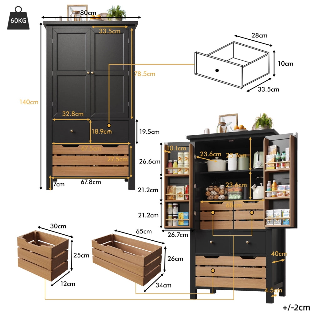 Mobile alto da cucina ULEVR 80x40x140 cm con 2 ante, 5 cassetti e 2 ripiani, nero