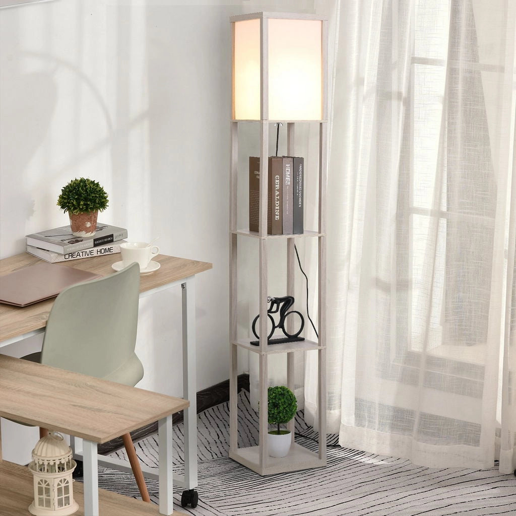 LAMPADA DA TERRA CON MENSOLE INTEGRATE IN ROVERE BIANCO 17X32X42 CM