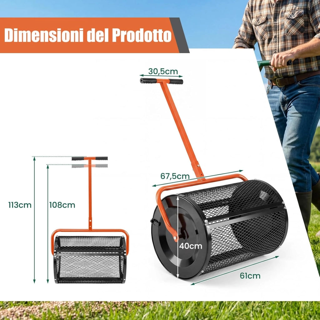 Spandiconcime a Rullo, Rullo da Giardino con Impugnatura Pratica Chiusure Laterali e Rete in Metallo per Concimazione e Semina, Spandiconcime per Prato e Giardino (40 x 61 cm Arancione)