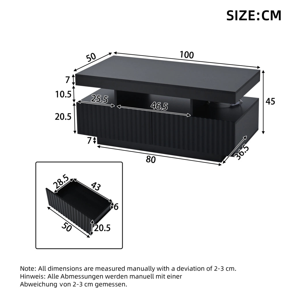 Tavolino da salotto 100x50x45 cm con due cassetti; luce LED; in pannello truciolare; nero