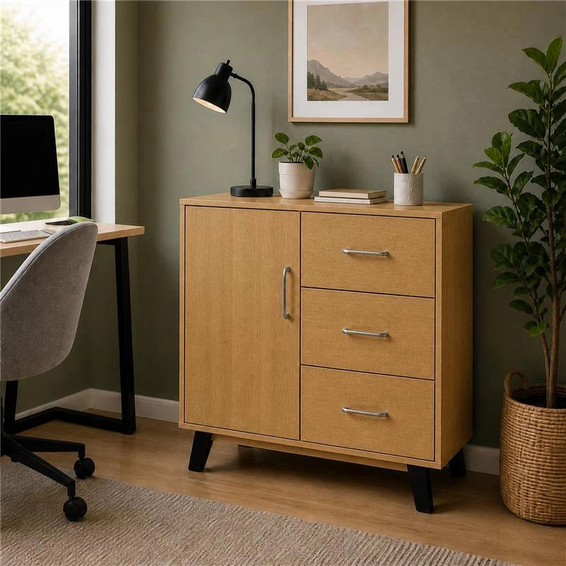 MOBILE MODERNO IN LEGNO CON 3 CASSETTI, 1 ANTA E PIANO D'APPOGGIO COLORE ROVERE DIMENSIONI 80X38X74 CM