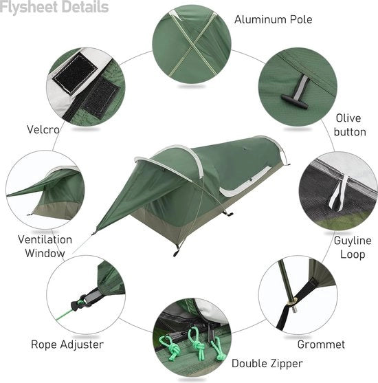 Tenda Bivy Ultralight, Impermeabile, per 1 Persona - Ideale per Campeggio e Escursioni, Compatta e Respirante