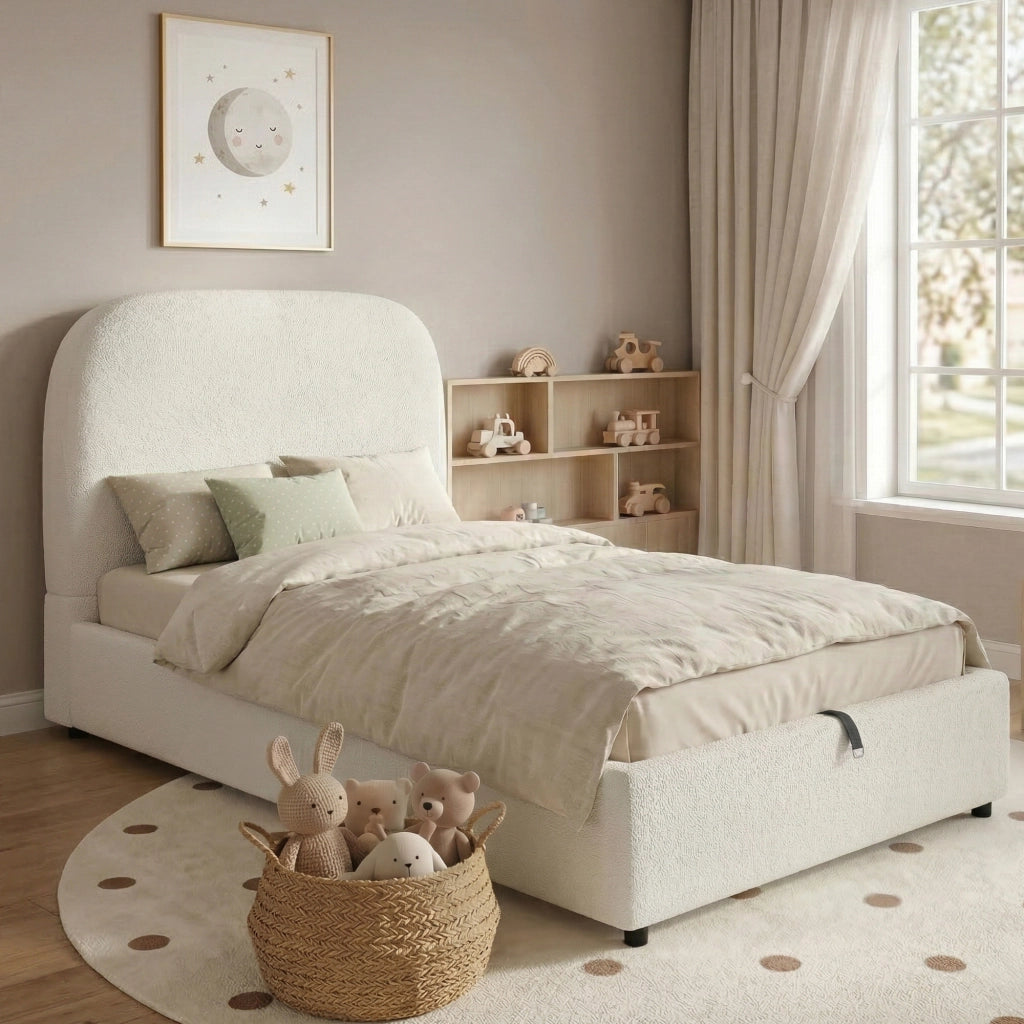 Letto contenitore singolo 90x200 cm per bambini; con contenitore idraulico; rete a doghe; testiera capitonné; bouclé; beige