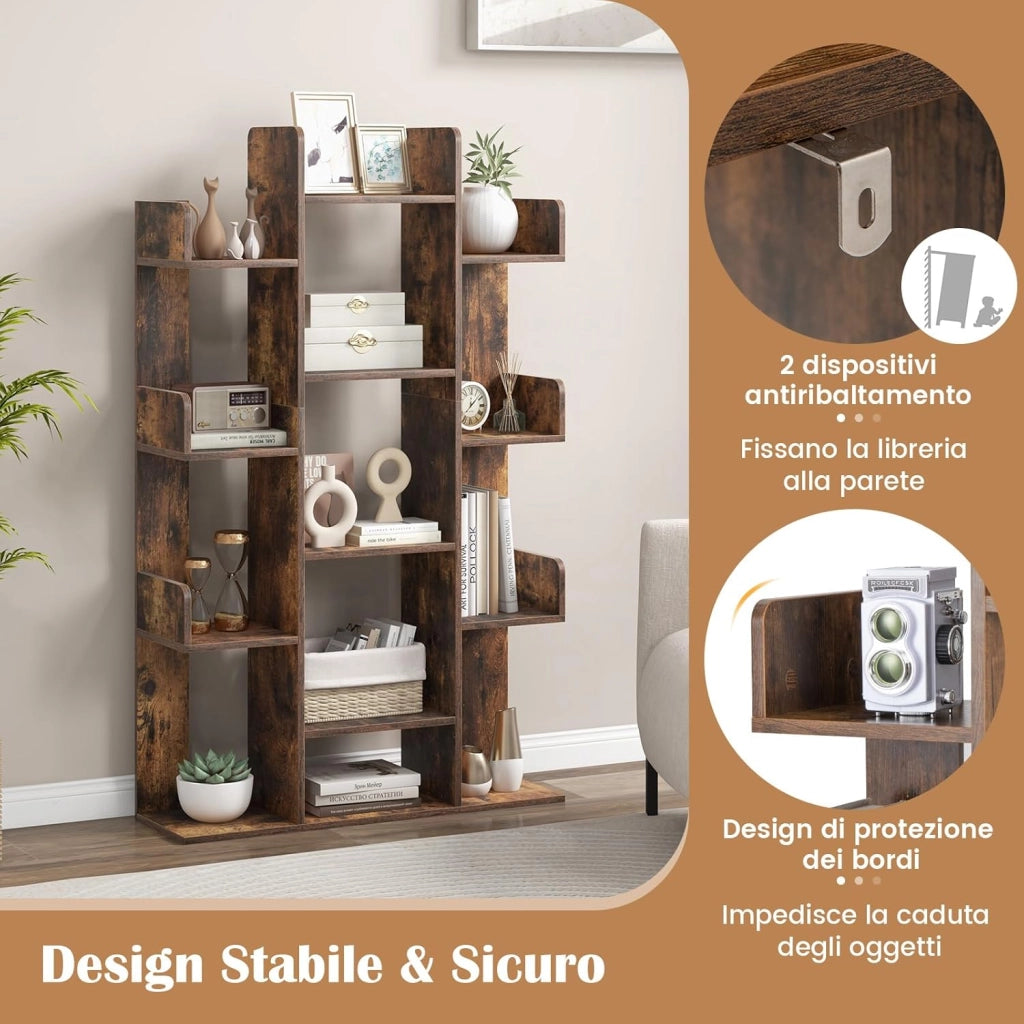 Libreria a Forma di Albero, Scaffale Multiuso con 13 Ripiani Aperti, Scaffale Decorativo Autoportante a Cubo per Soggiorno Studio o Ufficio, 86x24,5x141 cm (Marrone)