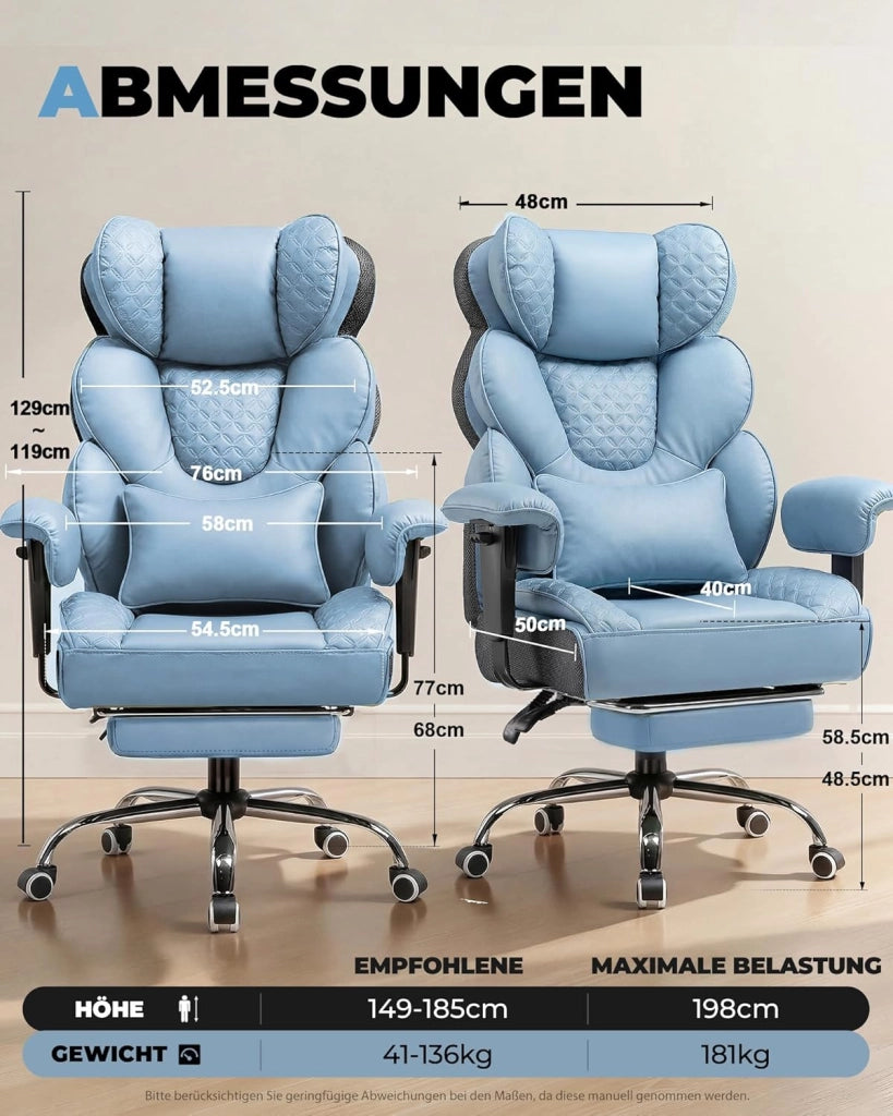 Sedia da gaming ergonomica da ufficio 180 kg, con supporto lombare regolabile e poggiapiedi, design ibrido in ecopelle e mesh, schienale regolabile a 150°, sedia direzionale alta, blu