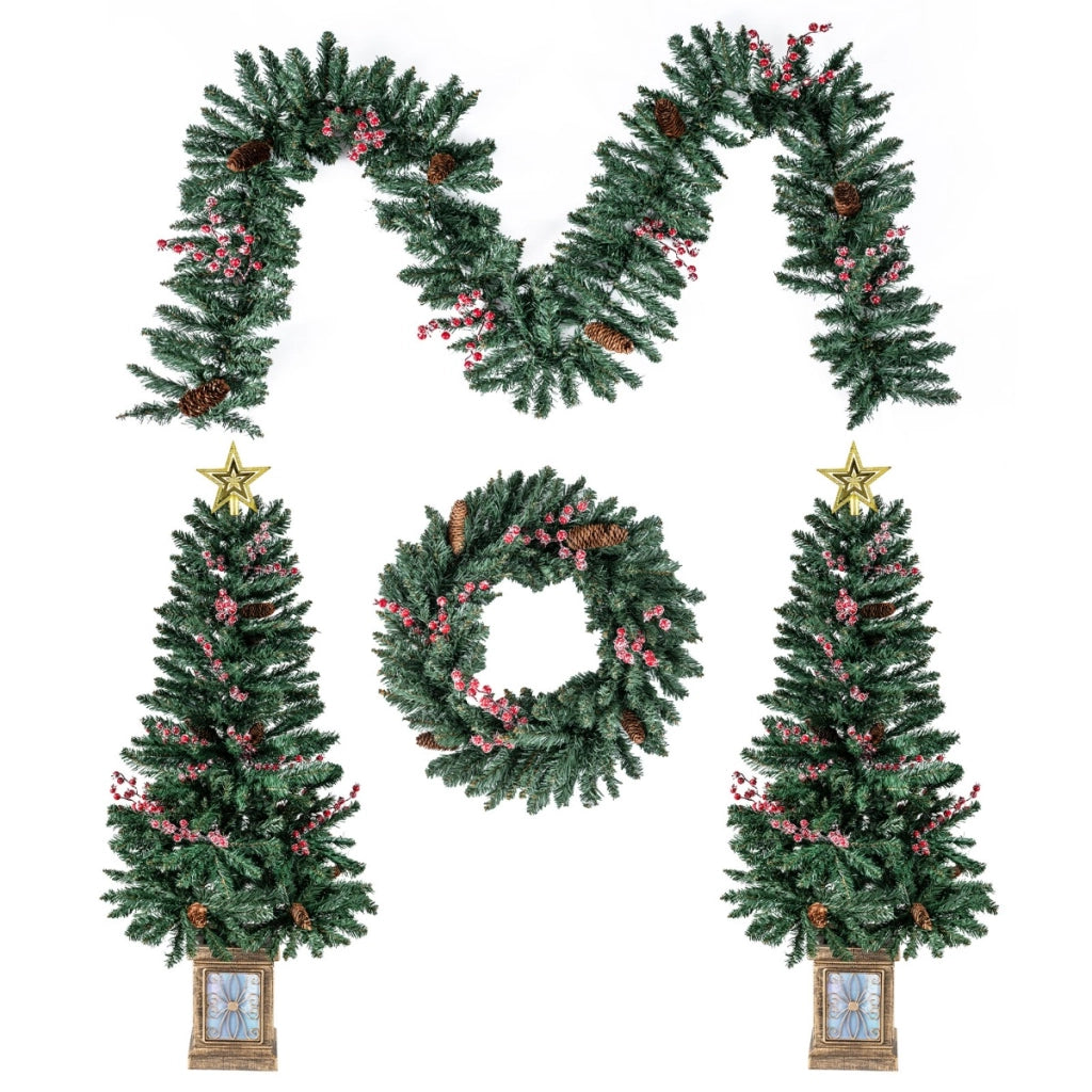 Set di 2 alberi di natale artificiali realistici in vaso con ghirlanda, Decorazione natalizie per camino ingresso festa Verde