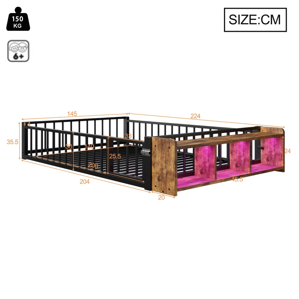 OKWISH Letto per Bambini 140 x 200 cm, Letto Singolo con Sponda, Vano a Giorno e LED, senza Materasso, Nero
