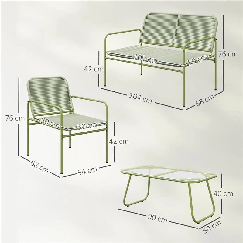 SALOTTO DA ESTERNO IN RATTAN PE CON DIVANETTO, 2 POLTRONCINE E TAVOLINO CON PIANO IN VETRO, VERDE