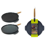 Trade Shop - Padella Piastra Bistecchiera Doppia Tonda 2 In 1 Antiaderente In Alluminio Legno ø32cm -