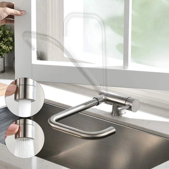 Kraan per cucina con rubinetto di scarico 180° pieghevole, con anteprima, pieghevole con 2 modalità di getto, miscelatore per cucina 360° girevole, rubinetto per cucina sotto finestra, rubinetteria per l'impianto di scarico