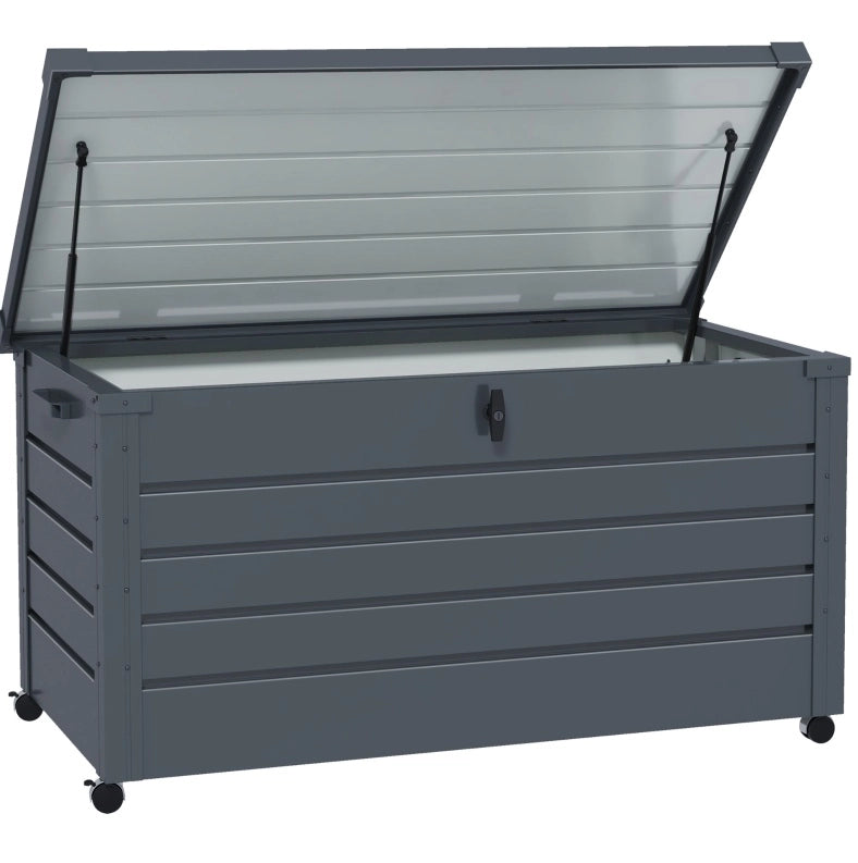 Box da giardino impermeabile in acciaio 311 L con ruote e coperchio chiudibile; grigio scuro