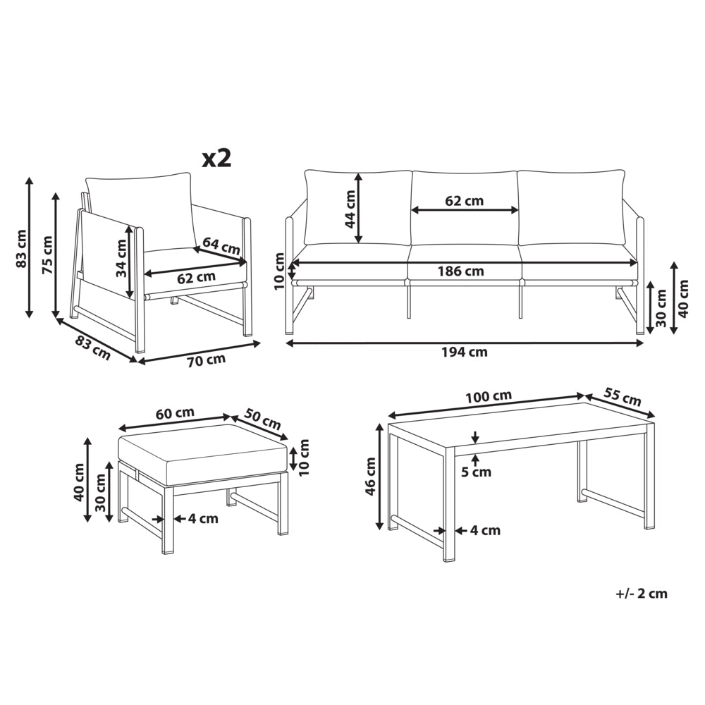 Set di divani da giardino a 5 posti Struttura in metallo beige chiaro con finitura in legno Piano in vetro Divano a 3 posti Ottomano Poltrone