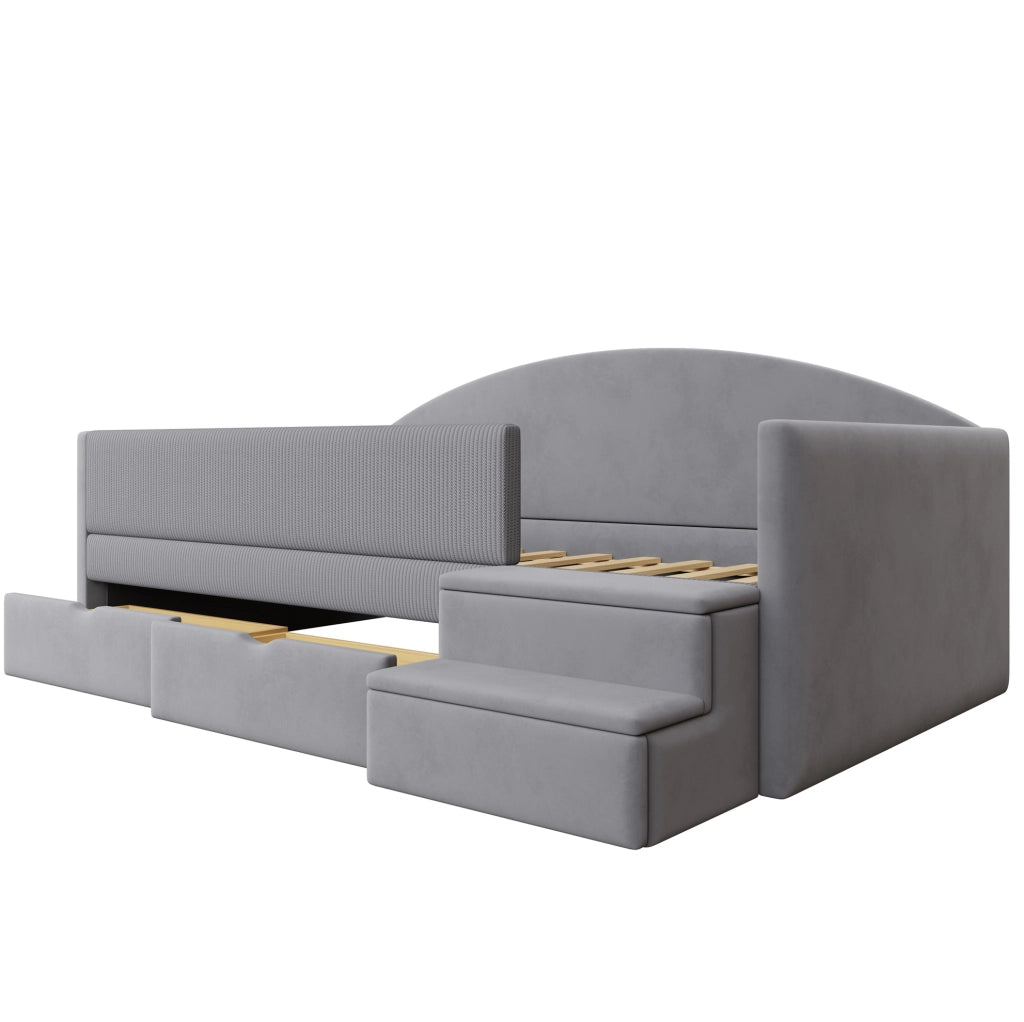 Letto per bambini 90x190 cm con 2 cassetti e gradini in velluto grigio chiaro