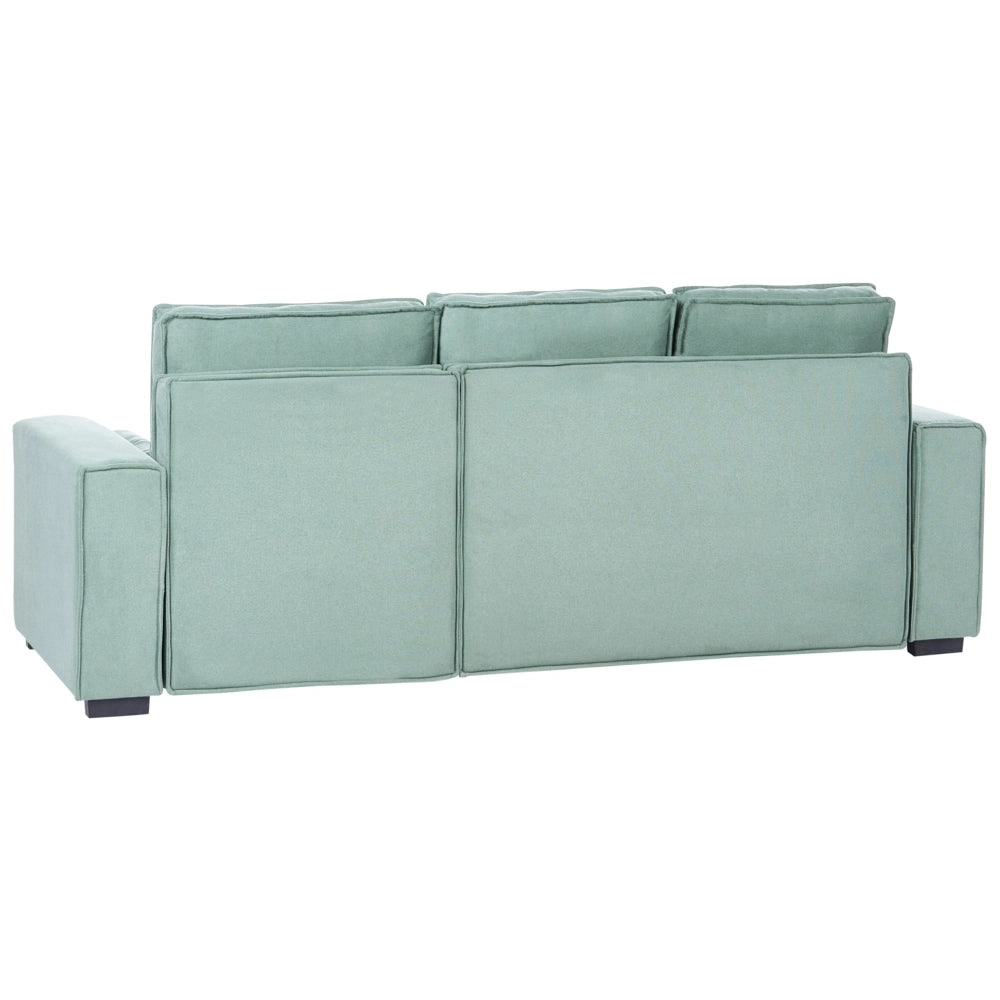 Divano letto angolare a 3 posti con rivestimento in tessuto verde chiaro, lato sinistro, con braccioli contenitore reversibili, stile moderno per soggiorno