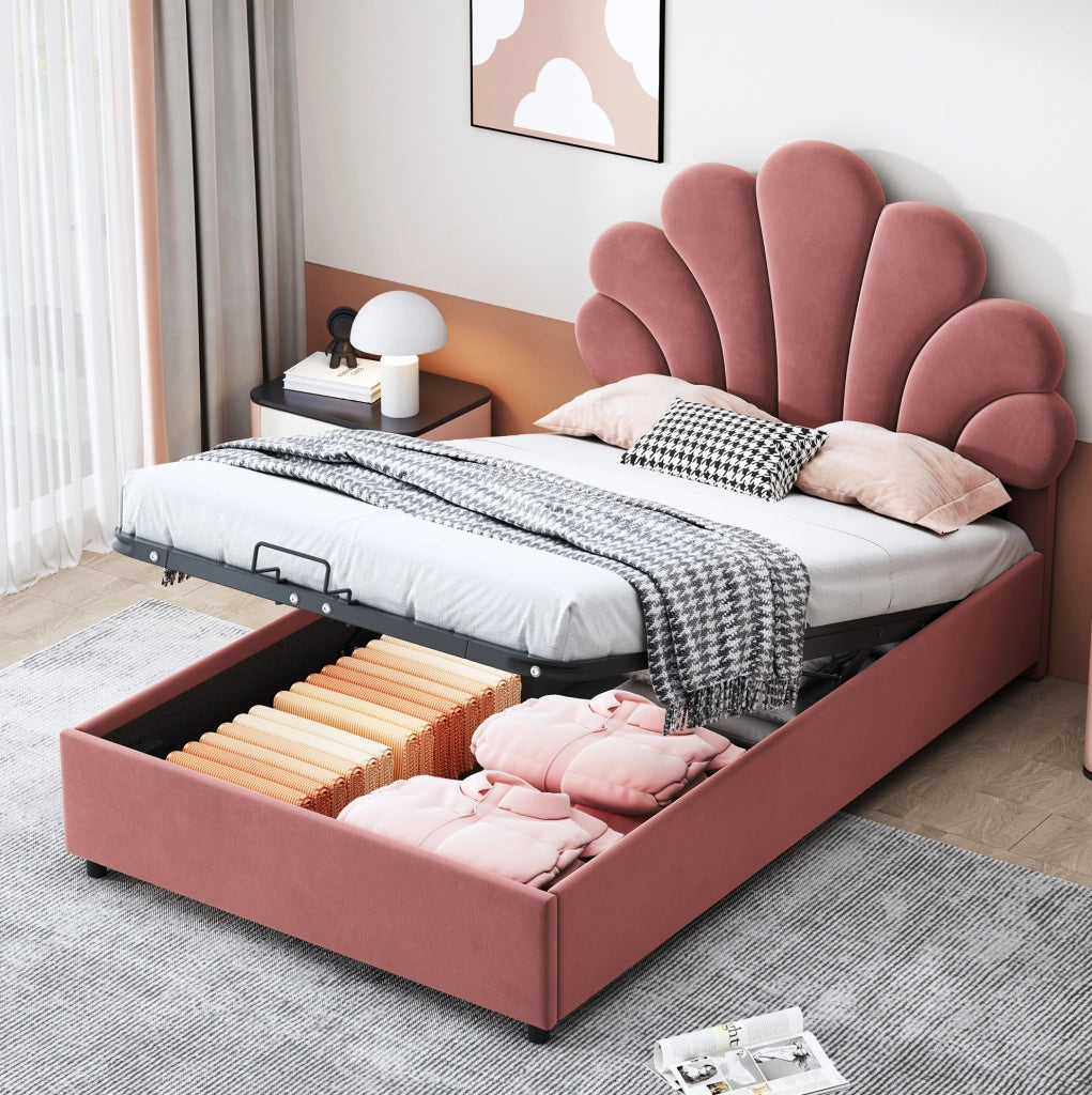 Letto imbottito 90 x 200 cm in velluto rosa con testiera floreale e contenitore idraulico