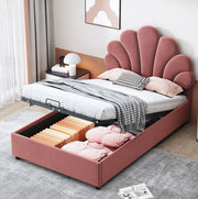 Letto imbottito 90 x 200 cm in velluto rosa con testiera floreale e contenitore idraulico