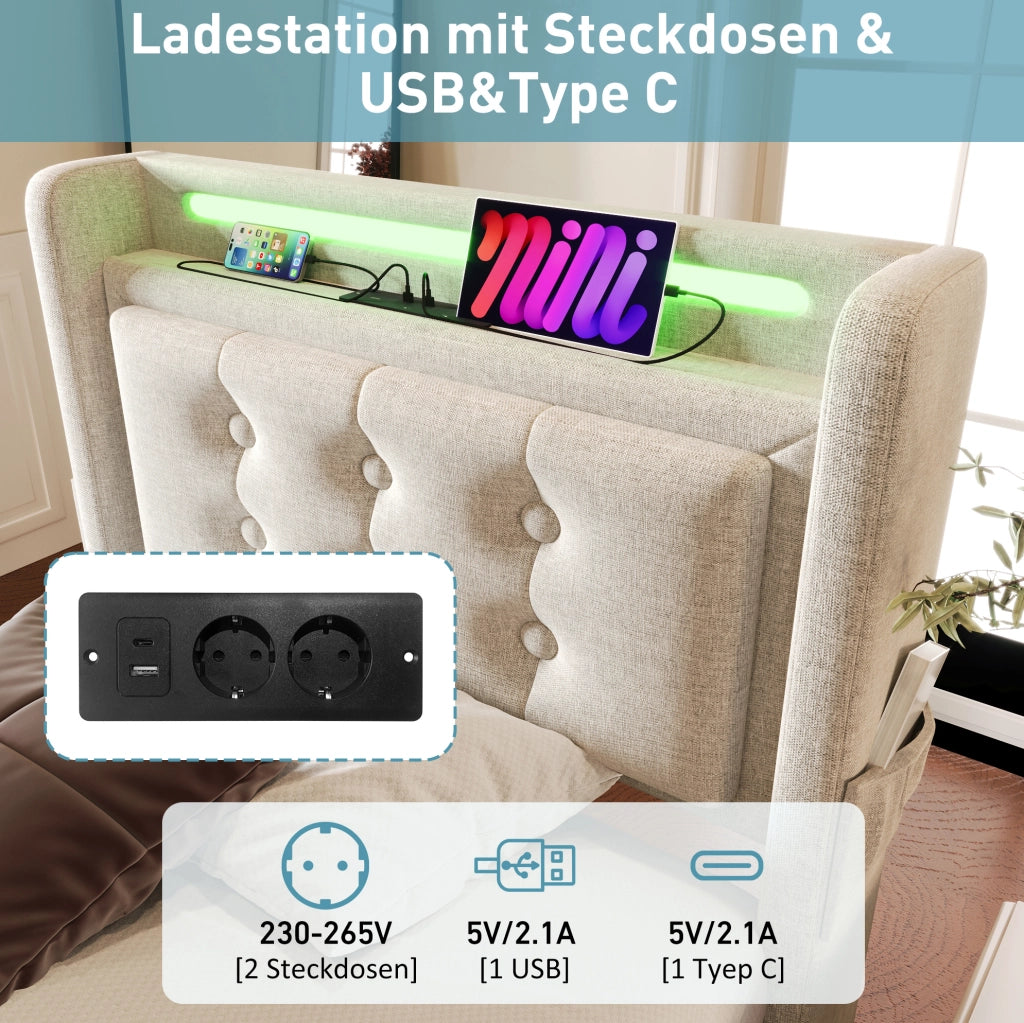 Letto singolo 90x200 beige con LED, USB-C e materasso
