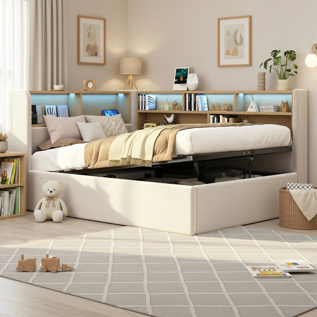 Letto a baldacchino 90x200 cm con contenitore idraulico, testiera con LED, USB-C e tessuto effetto velluto beige