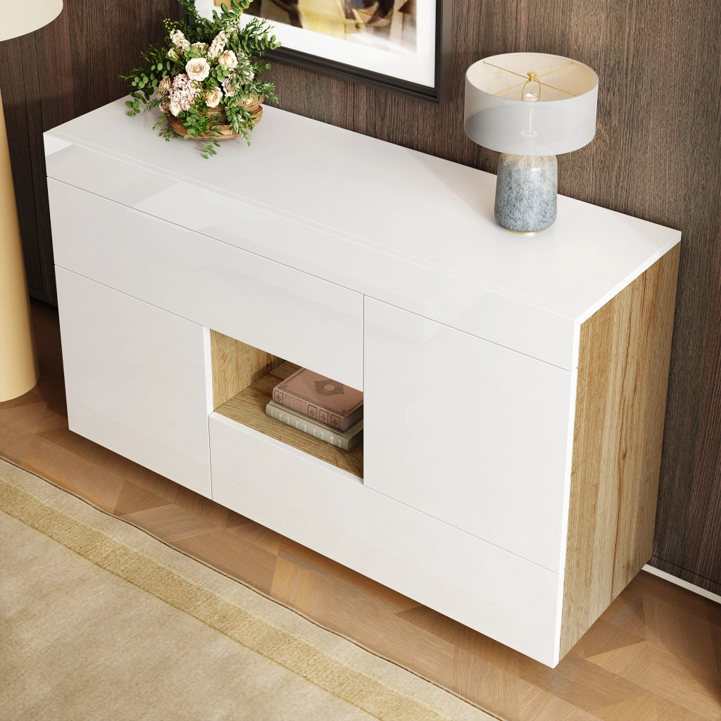 Madia con 2 Ante; 2 Cassetti e 1 Vano a Giorno; LED 16 Colori con App; Bianco Lucido ed Effetto Legno; 120??37??76;5 cm
