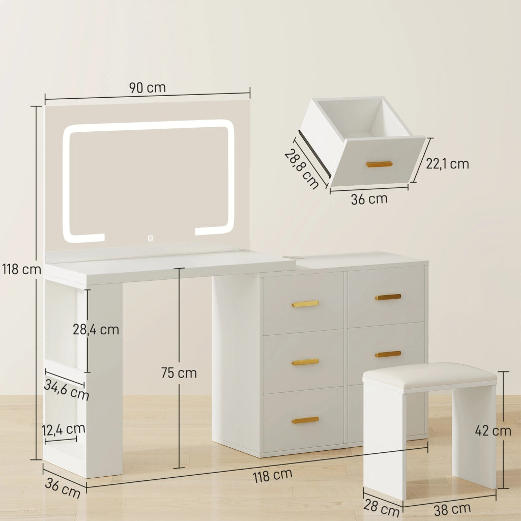 Scrivania trucco con specchio e sgabello, 6 cassetti, illuminazione LED regolabile ¨C zephmum ¨C bianco, 118x78x135 cm
