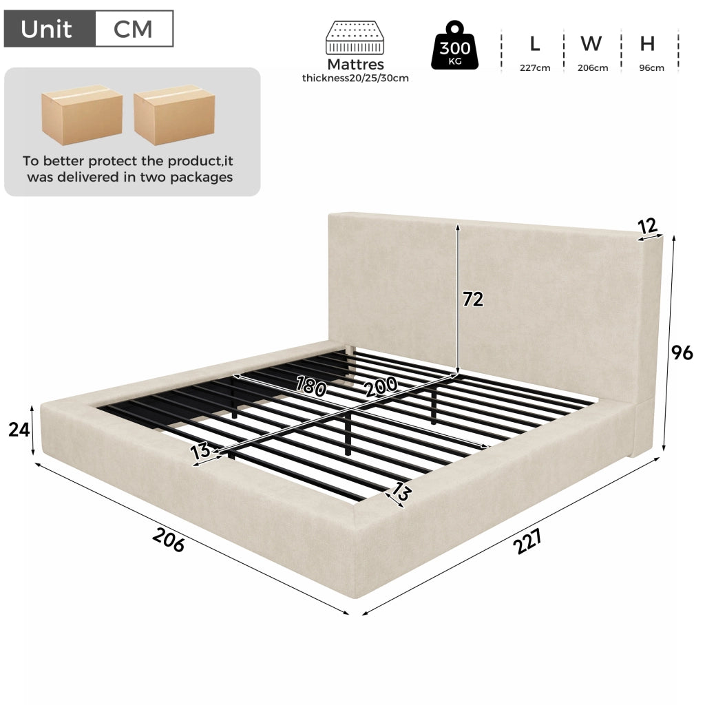 LETTO Imbottito 180x200 cm con Rete a Doghe in Chenille Beige