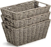 Set di 3 contenitori di paglia intrecciata con maniglie di legno in grigio