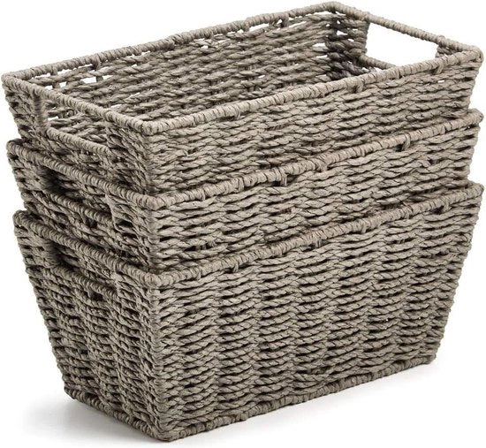 Set di 3 contenitori di paglia intrecciata con maniglie di legno in grigio