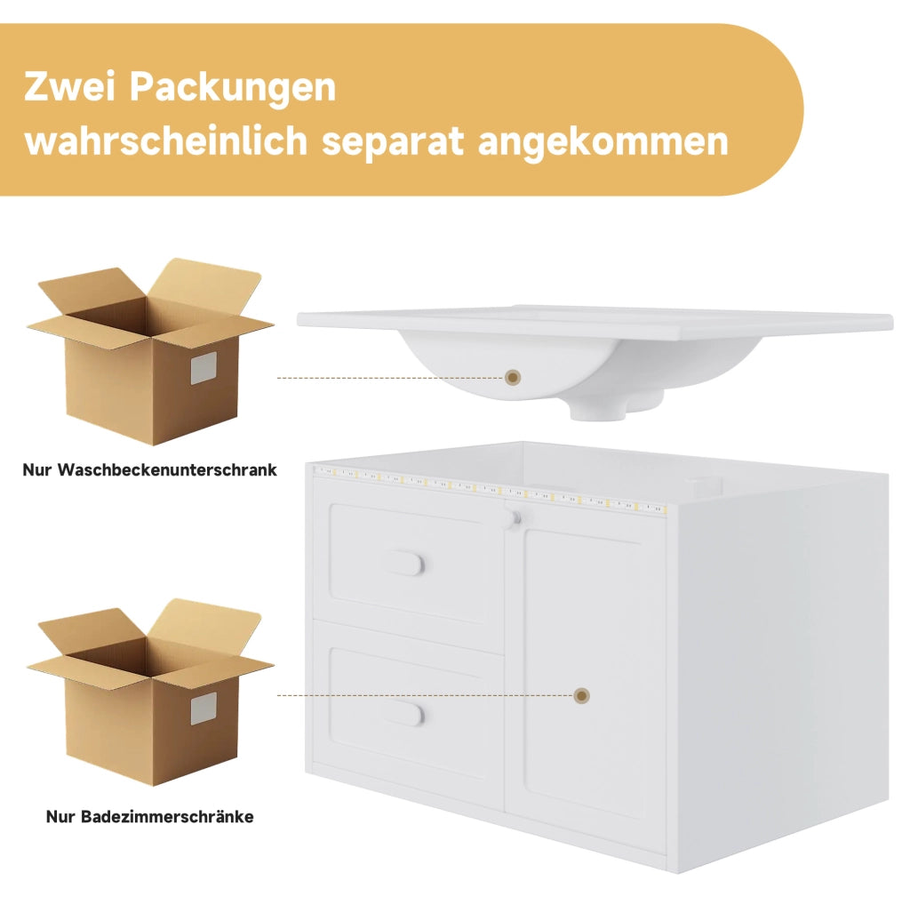 Mobile lavabo sospeso 76x46x51 cm bianco con LED radar e 2 cassetti